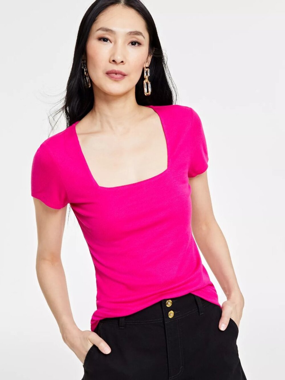 NEW I.N.C. International Concepts SZ XL Women's Ribbed Square-Neck T-Shirt